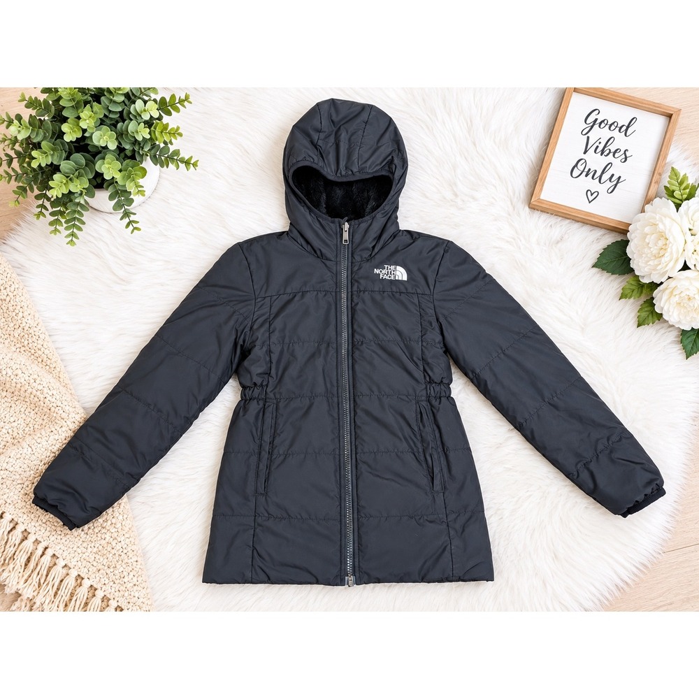 The North Face Girls Black Fleece Lined Hooded Puffer Jacket Size S 7/8